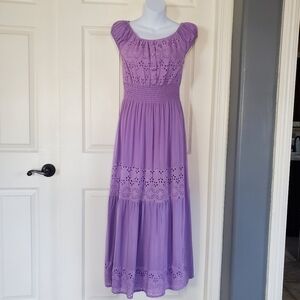 Red Leaf Purple Pullover Maxi Dress Short Sleeves Eyelet Peasant Size Medium